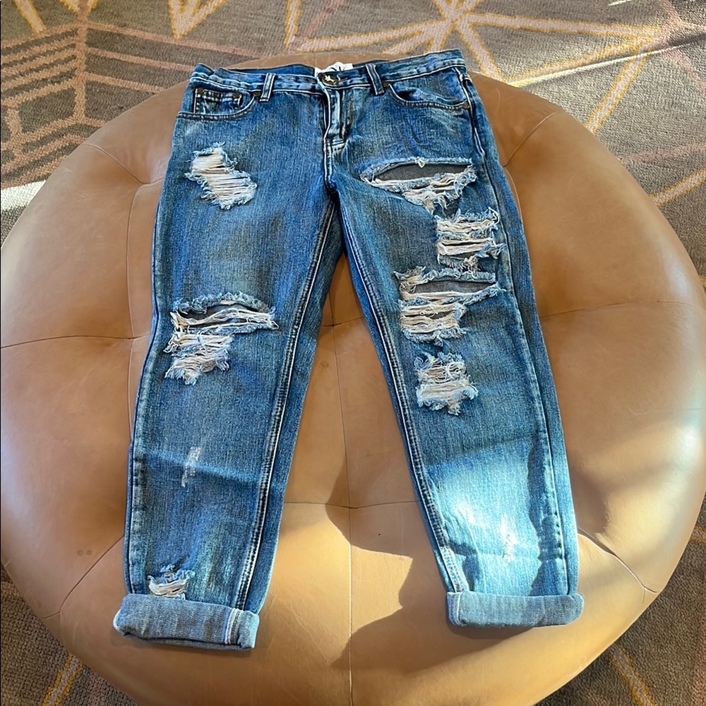 One Teaspoon Blue Boyfriend Jeans Distressed Vintage